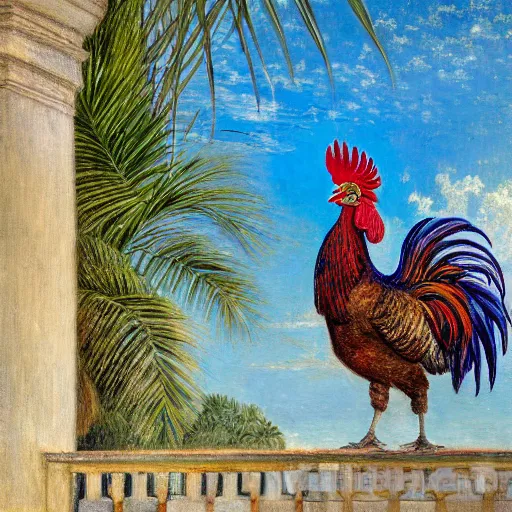 Image similar to a ultradetailed beautiful painting of a rooster in the amazonas palace balustrade designed by jules bastien - lepage, hans belmer, frank weston and gustave baumann, beach, trending on artstation, mediterranean, palm trees, refracted color sparkles, sharp focus, soft light, 8 k 4 k