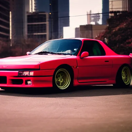 Prompt: a synthwave style 2 nd gen ( fc 3 s ) 1 9 9 0 red rx - 7 drifting on a neon road