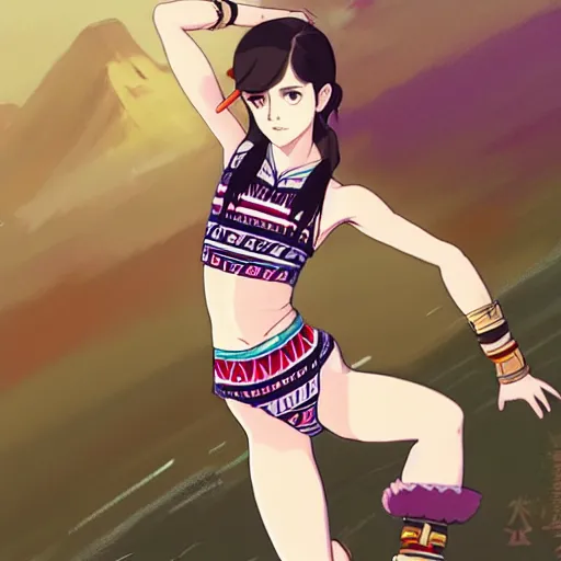 Image similar to a beautiful boyish emma watson alluring instagram model, wearing japanese hiphop aztec leotard outfit with mayan pattern and native style, aztec street fashion bathing suit, botw style, gapmoe yandere grimdark, trending on pixiv fanbox, painted by greg rutkowski makoto shinkai takashi takeuchi studio ghibli, akihiko yoshida