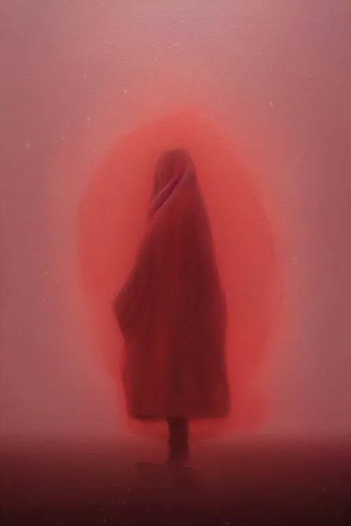 Image similar to a painting of a person standing in the snow, blizzard, a surrealist painting by zdzisław beksinski and by alena aenami, deviantart, nuclear art, dystopian art, apocalypse landscape, red color scheme, surrealist