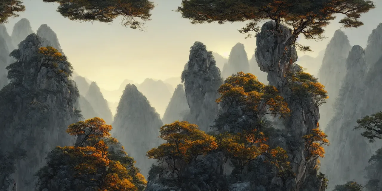 Image similar to huangshan with levitating stones in zero gravity, no trees, karst pillars forest, taoist temples and monks, human presence, artwork by ansel adams, andreas rocha, artstation, scifi, hd, wide angle, viewed from within a stone grotto, autumnal, sunset