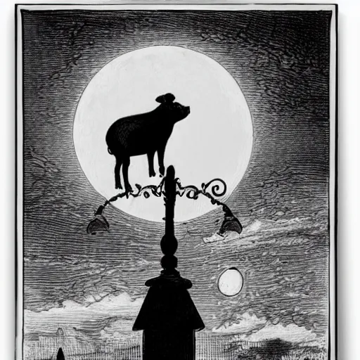 Image similar to standing pig in a tuxedo, moon, clouds, street lamp, high detail, eerie, street lamp, barn, creepy, dark, night, misty, moon, chiaroscuro, film noir, illustration by Gustave Doré,