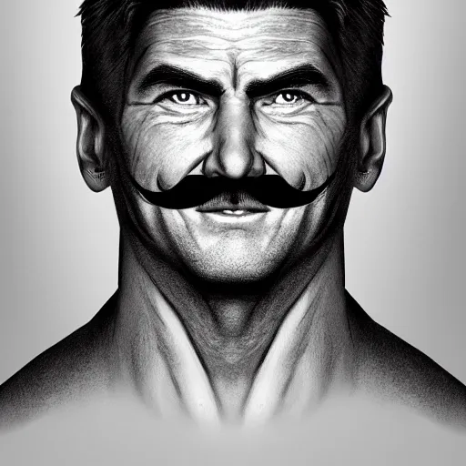 Prompt: An old middle aged superhero with black hair that's graying on the sides with a thick mustache and a strong prominent jawline and great smile in real life, portrait, photograph, realistic, hyperrealistic, highly detailed, very detailed, extremely detailed, detailed, digital art, trending on artstation, head and bodyshot