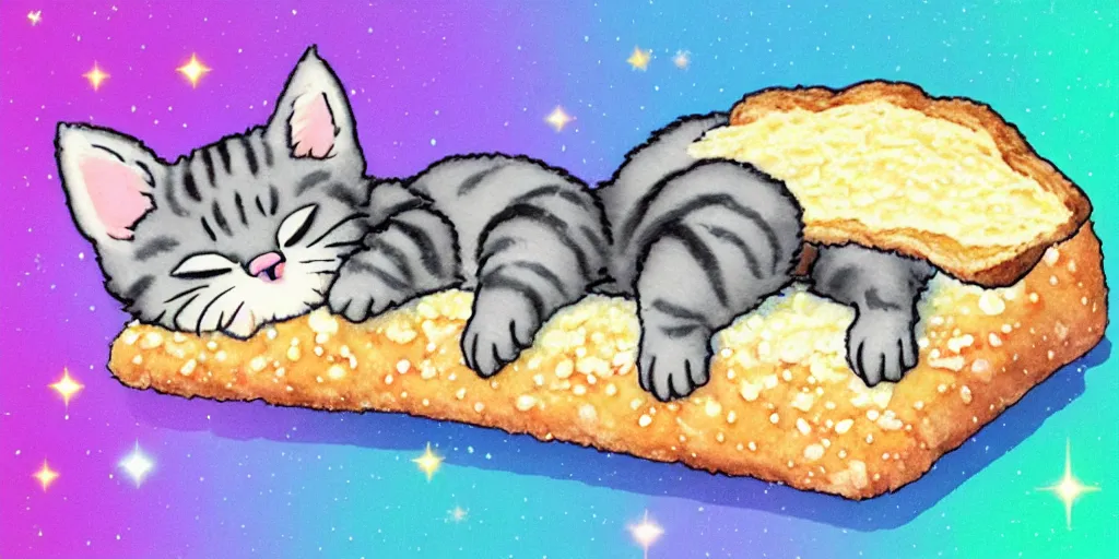 Prompt: a tiny kitten sleeping on a slice of bread, puffy sticker, glitter sticker, kawaii by studio ghibli, by lisa frank 8 k pastel colours, isometric, smeared watercolours,