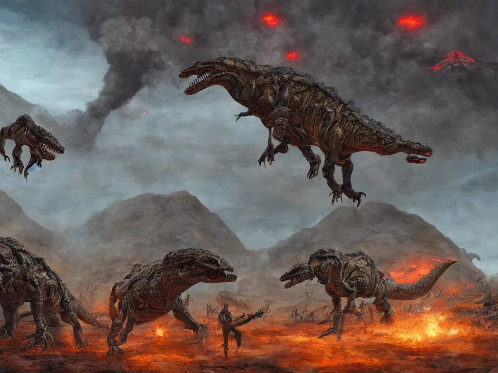 Image similar to A hyperrealistic illustration of a cyborg dinosaur battle in a strange landscape with volcanoes and smoke, by Enki Bilal, Anato Finnstark, award-winning, masterpiece, extreme detail, sharp focus