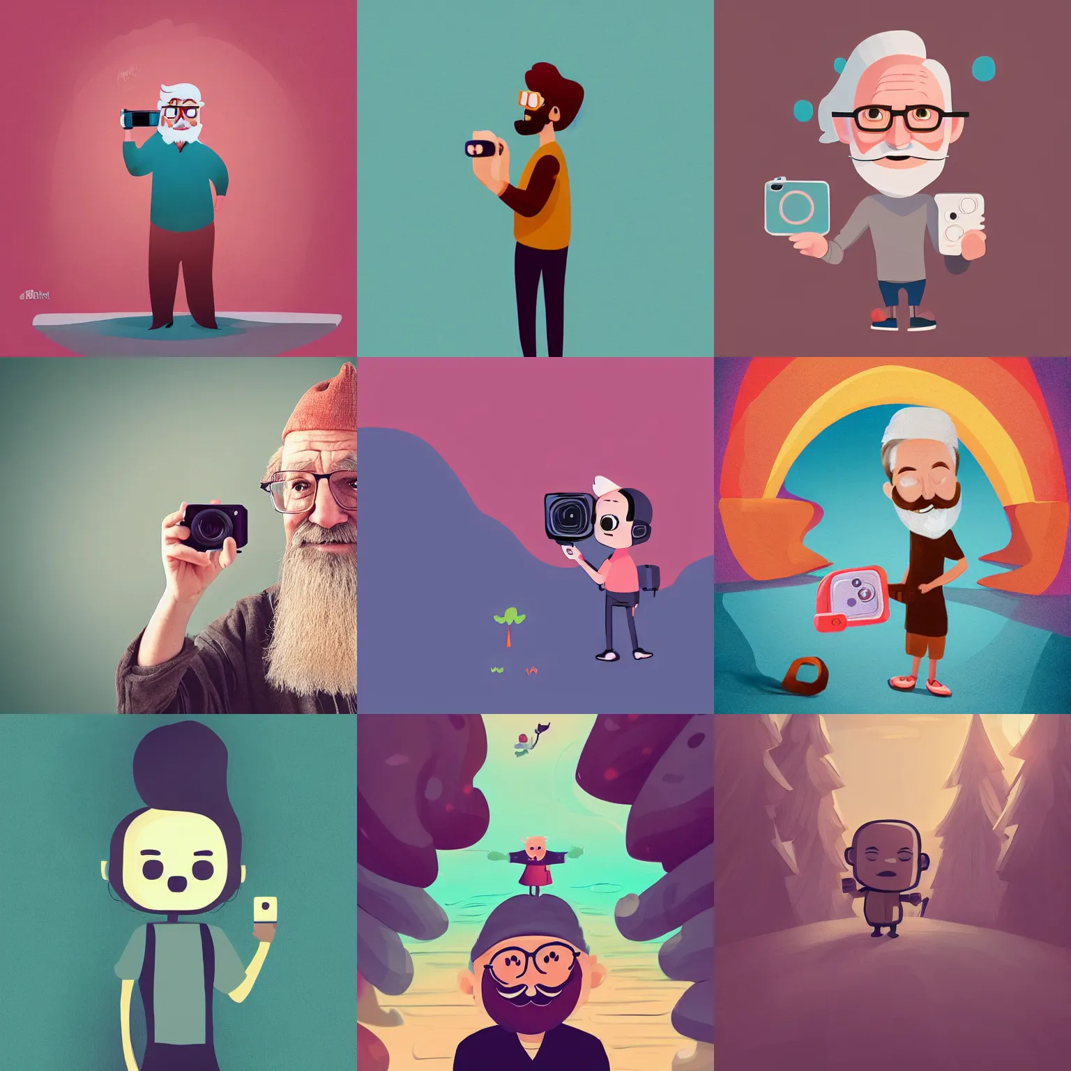 Prompt: cute cartoon character, curled perspective, digital art, smiling beard grandpa taking photo, baby girl, old photo camera, anton fadeev