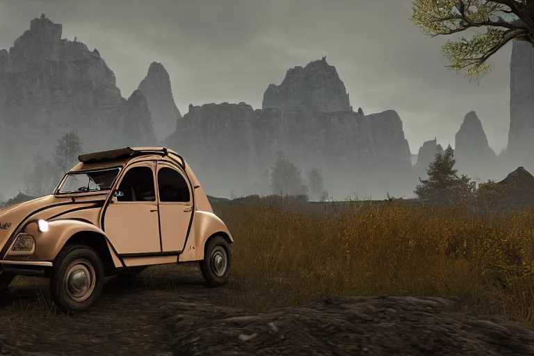 Image similar to offroad citroen 2 cv ( 1 9 6 5 ) of daedric design driving across the rift, daedric axe stored on the side of the car, leather and cloth traveller backpacks on roof, riften city in the background, epic fantasy, autumn, the elder scrolls v : skyrim, dramatic lighting, establishing shot, by simon stalenhag