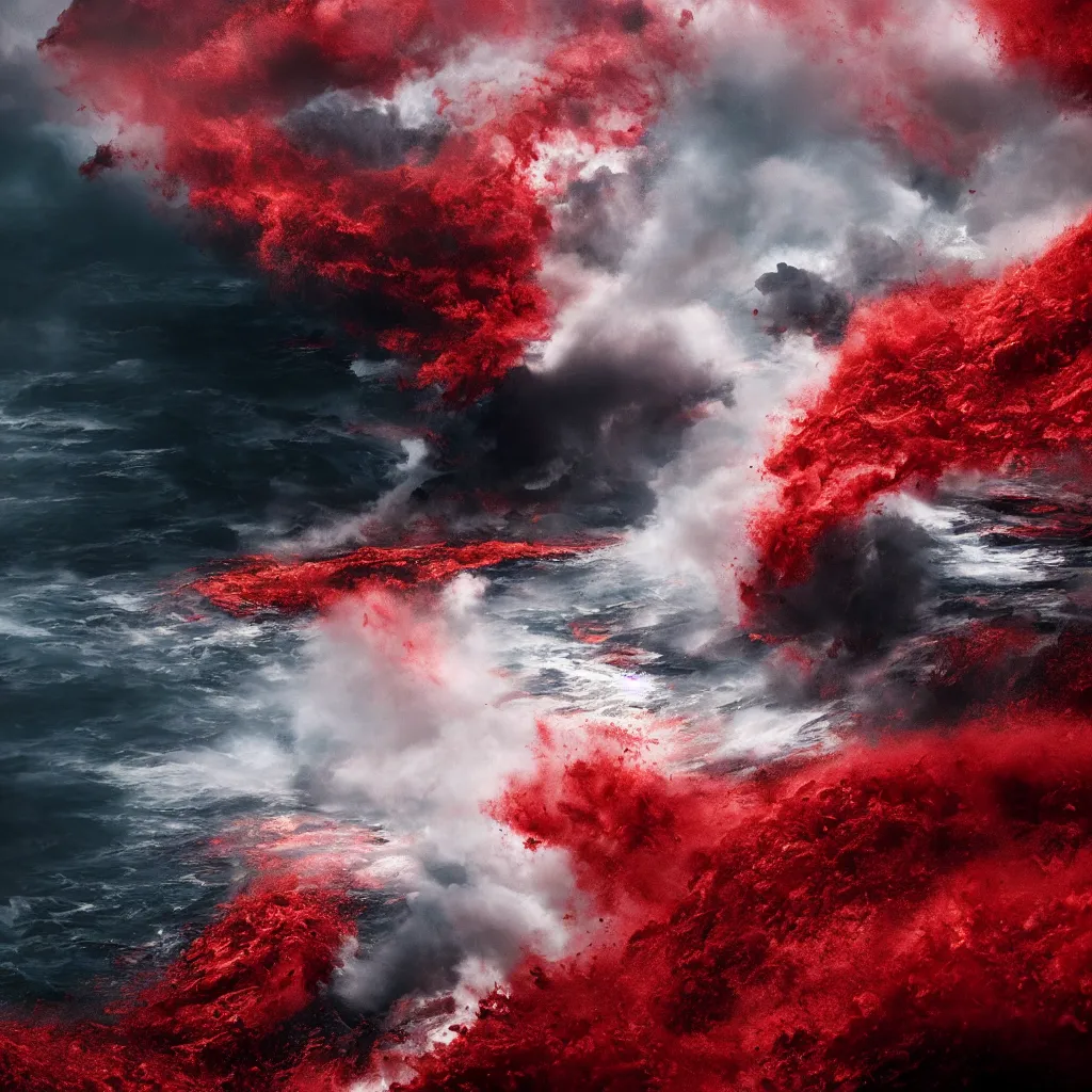 Image similar to a churning, boiling red sea with lots of smoky black and red steam, fantasy digital art, octane render, beautiful composition, gridless DND map, masterpiece