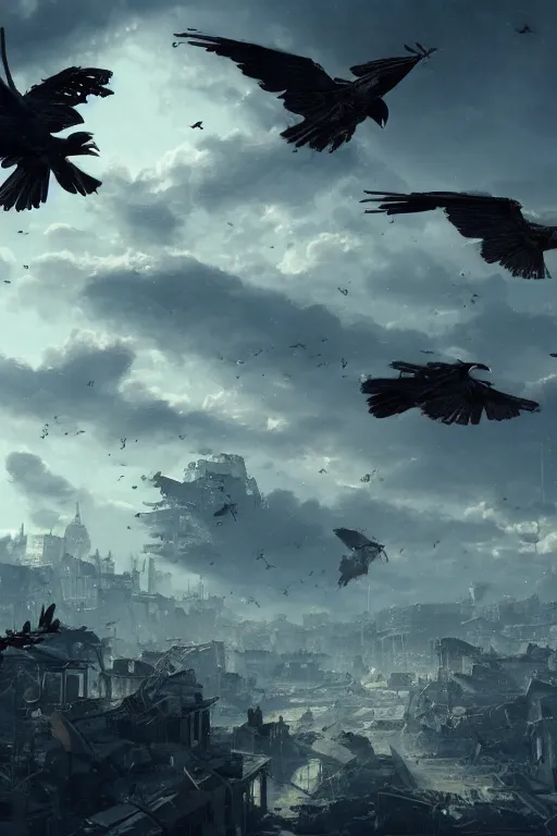 Image similar to crows flying over a destroyed city, extremely detailed digital art, in the style of greg rutkowski, trending on artstation, 8 k