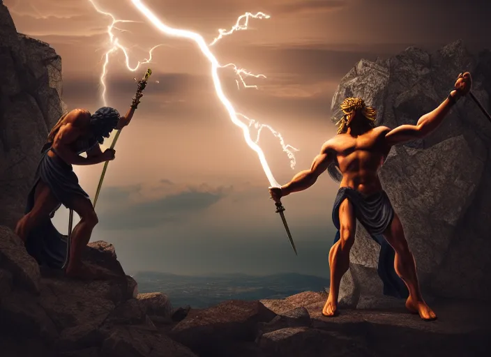 Image similar to zeus fighting chronos with a spear of lightning at the top of mount olympus. mythology style. highly detailed 8 k. intricate. lifelike. soft light. sony a 7 r iv 5 5 mm. [ cinematic post - processing ].