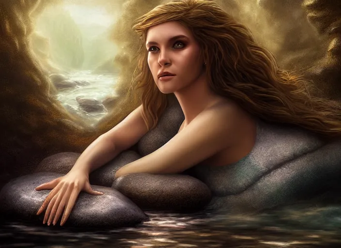 Image similar to soft painting portrait of an armored mermaid sitting on a rock in a river in an underground cave. fantasy magic style. highly detailed 8 k. intricate. lifelike. soft light. cinematic post - processing