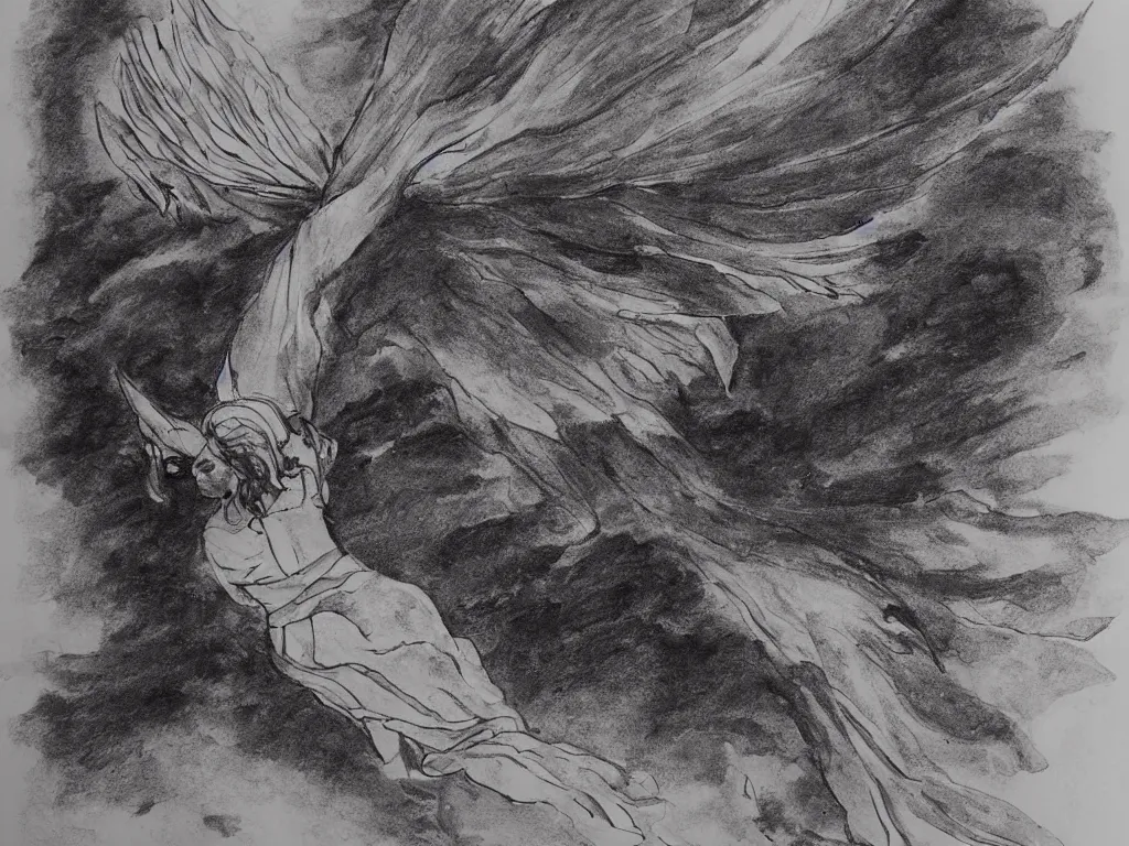 Image similar to angel in the sky flying on the sea india ink drawing