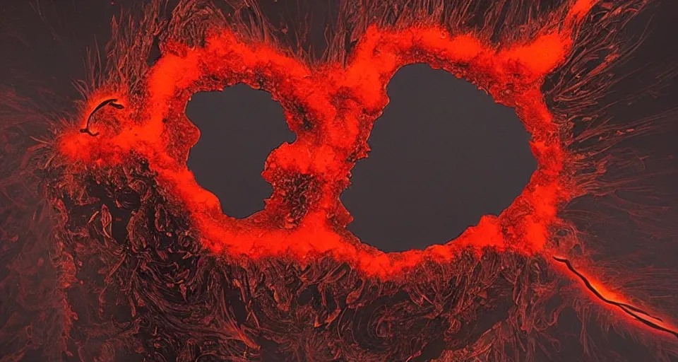 Image similar to a volcano made of ivory vines and crimson rocks enters in eruption, it spits a smoke in the shape of demonic eye, from Magic the gathering