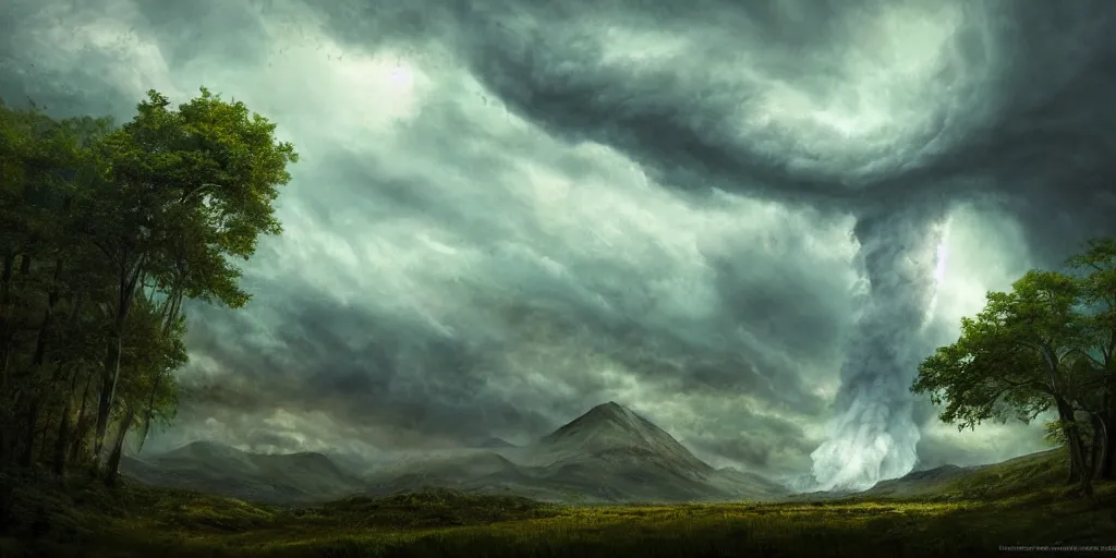 Image similar to A tornado in a beautiful scenic landscape, nature, trees, wide angle, super highly detailed, professional digital painting, artstation, concept art, smooth, sharp focus, no blur, no dof, extreme illustration, Unreal Engine 5, Photorealism, HD quality, 8k resolution, cinema 4d, 3D, beautiful, cinematic, art by artgerm and greg rutkowski and alphonse mucha and loish and WLOP