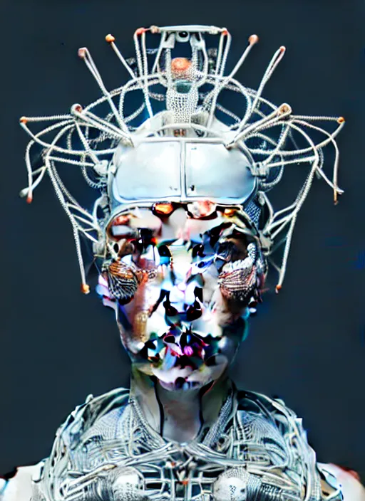 Image similar to portrait of an absurdly beautiful, graceful, sophisticated, fashionable cyberpunk mechanoid, hyperdetailed illustration by irakli nadar and alexandre ferra, intricate linework, white porcelain skin, faberge, coral headdress, unreal engine 5 highly rendered, global illumination, radiant light, detailed and intricate environment