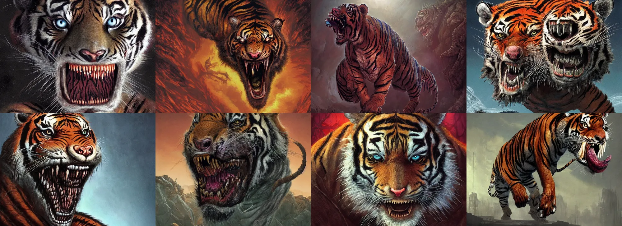 Prompt: a nightmarish mutated tiger, with mouth open, looking down at you hungrily, by neville page and wayne barlowe, ( ( ( horror art ) ) ), wide angle, dramatic lighting, highly detailed digital painting