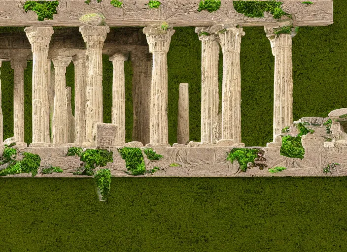 Prompt: A detailed illustration of Temple of Hephaistos, overgrown with moss, 4k, immaculate scale, trending on Artstation