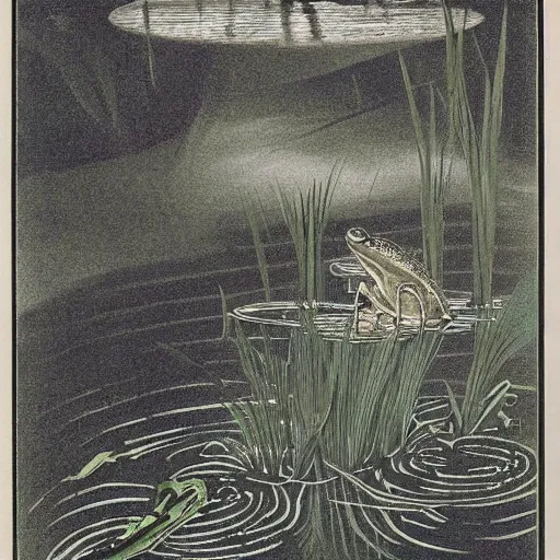 Image similar to Print. a young girl is sitting on the edge of a pond, with her feet in the water. She is looking at a frog that is sitting on a lily pad in the pond. copper verdigris, Things Stranger by Hugh Ferriss manmade