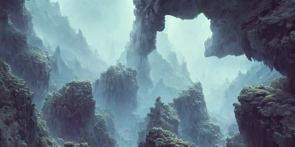 Image similar to fantasy painting of a cloudy canyon, intricate abstract. delicate artwork. by tooth wu, wlop, beeple, dan mumford. octane render, trending on artstation, greg rutkowski very coherent symmetrical artwork. cinematic, hyper realism, high detail, octane render, 8 k, depth of field, bokeh. chrome accents.