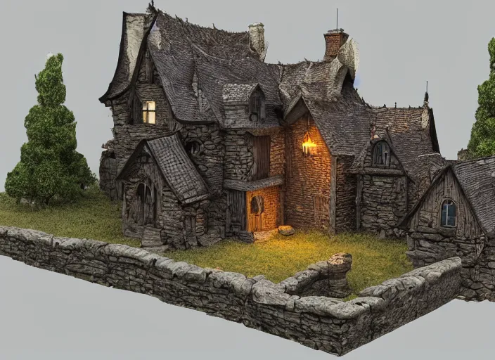 Image similar to medieval vampire village house, 3d model, miniature, iso, isometric view, gas lighting, stone and wood, dead tree, digital art, unreal engine