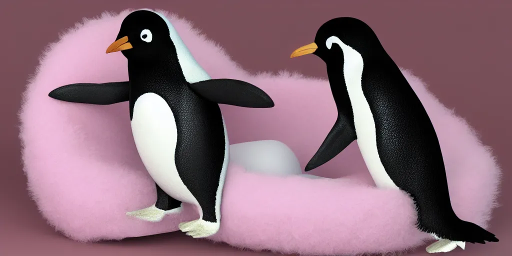 Image similar to realistic penguin sitting in an pink fluffy bed waving, hyper detailed, trending on artstation