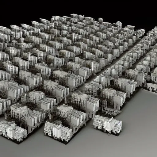 Prompt: a column of stacked single wide mobile homes arranged 12 units high by Jim Burns and Craig Mullins