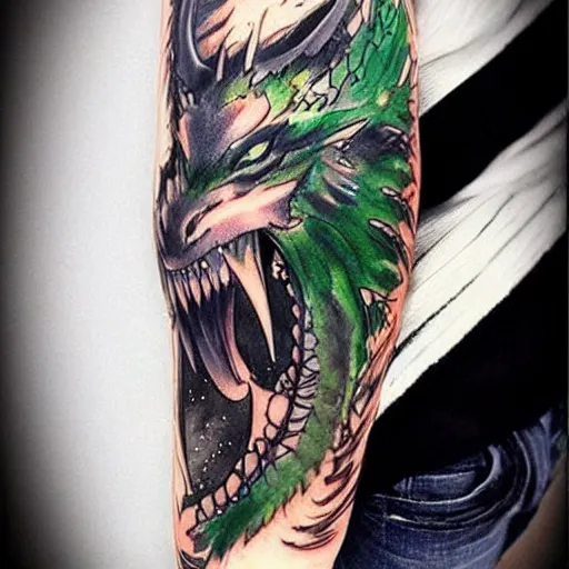 Image similar to anime manga full color dragon!! Emerald and obsidian dragon, forearm tattoo, tattoo