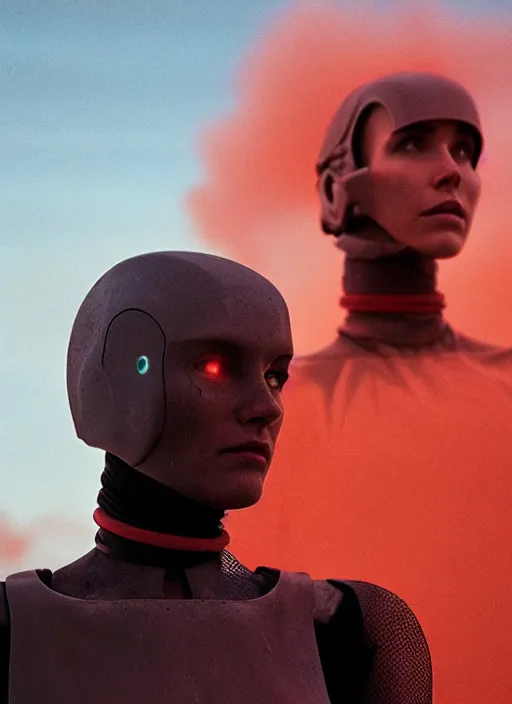 Image similar to cinestill 5 0 d photographic portrait by steve mccurry of two loving female androids wearing rugged black mesh techwear on a desolate plain with a red sky, extreme closeup, cyberpunk style, dust storm, 8 k, hd, high resolution, 3 5 mm, f / 3 2, ultra realistic faces, ex machina