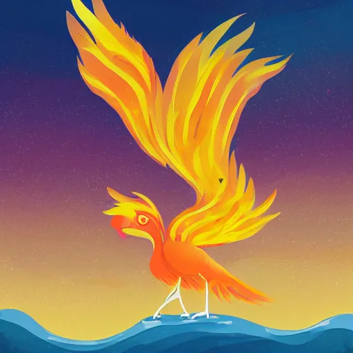 Prompt: a childrens book illustration about a faithful phoenix for a story that reads : in the morning, when the sun is high, the phoenix likes to take a bath. she flaps her wings to make the water rise, and washes herself clean from head to thighs. ( 6 ), digital art