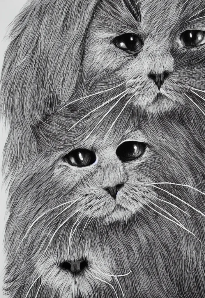 Image similar to longhair floof fluffy coiffed groom elegant gorgeously champion cute pretty scottish fold, radiant line art pen and ink and paint, grisaille dark monochrome with neon fluorescent color airbrush spraypaint accents, by jules julien, wes anderson, lisa frank