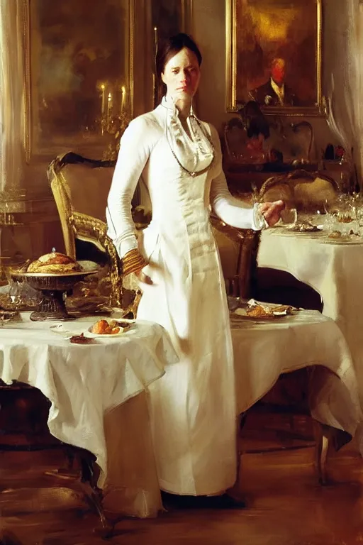 Image similar to portrait of a respectable dignified royal business elite politician standing on top of a finely set table calmly stepping in the food art by anders zorn, wonderful masterpiece by greg rutkowski, beautiful cinematic light, american romanticism by greg manchess, jessica rossier