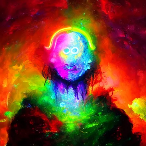 Image similar to highly detailed 8k oil painting of the celestial glowing beautiful otherworldly God of random numbers and logic, misty, epic composition, neon colors, trending
