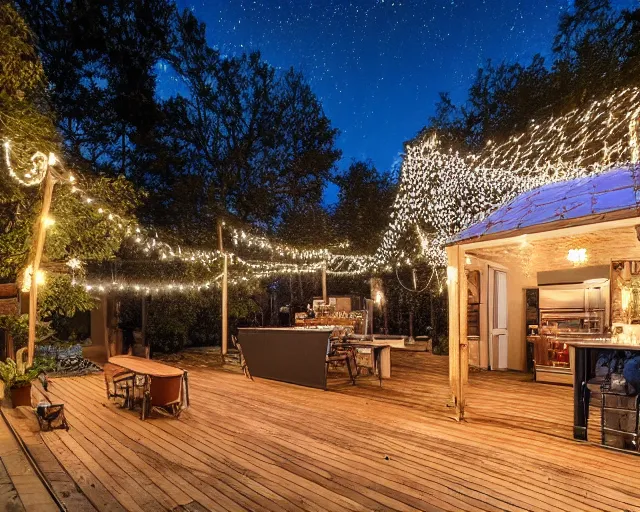 Prompt: a still photo of a backyard at night with fairy lights, house on the left side with wooden flooring, warm lighting, after party
