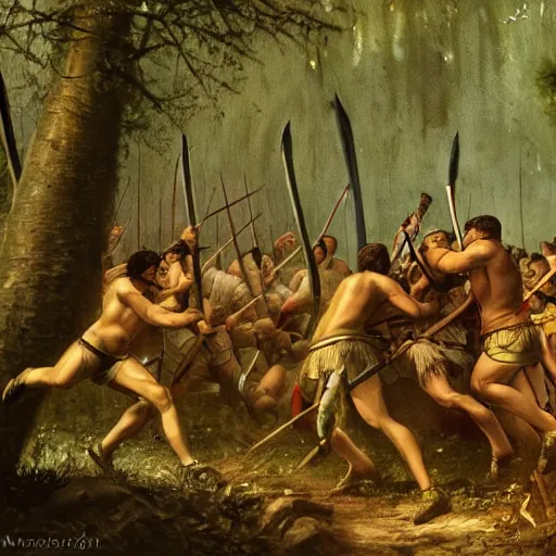 Prompt: roman legion fighting gallic tribe in a rainy forest, highly detailled, cinematic