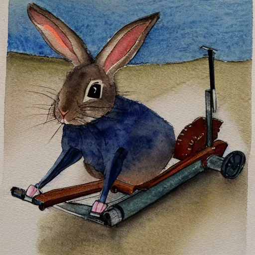 Prompt: a rabbit using a rowing machine, realistic watercolour