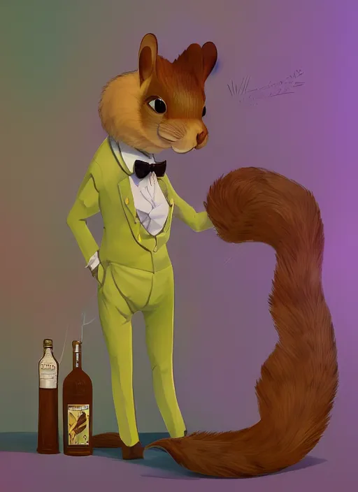 Prompt: squirrel anthro as a dapper bartender with a big, fluffy tail, retro futurism, art deco, detailed, painterly digital art by WLOP and Cory Loftis and John La Farge, 🐿🍸🍋, furaffinity, trending on artstation