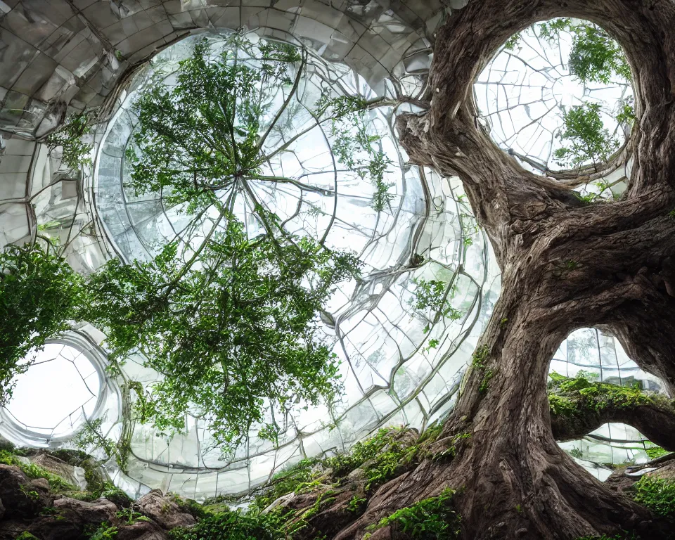Prompt: yggdrasil under a colossal glass dome, home tree, interior, lush vista, landscape