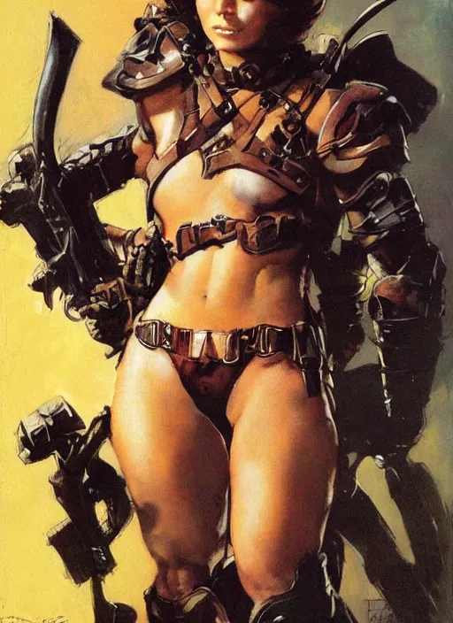 Image similar to portrait of strong female ranger, beautiful! coherent! by frank frazetta, by brom, strong line, deep color, leather armor, short buzzed hair, high contrast