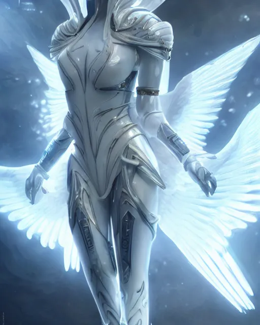 Image similar to perfect white haired attractive egyptian goddess with huge white dove wings, warframe armor, beautiful, symmetric, charlize theron, half asian, pretty face, blue eyes, detailed, scifi platform, laboratory, experiment, 4 k, ultra realistic, epic lighting, android body, illuminated, cinematic, masterpiece, art by akihito tsukushi, voidstar