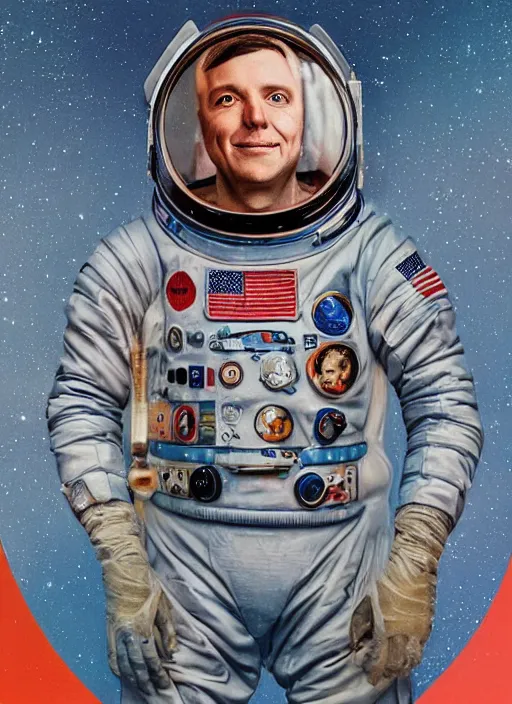 Prompt: a portrait of a man with a space suit on, a colorized photo by sam spratt, trending on cgsociety, retrofuturism, colorized, da vinci, art on instagram