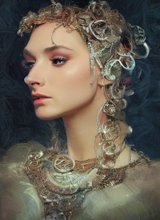 Image similar to a highly detailed photo of very intricate female face portrait, futurism, rococo cyber neon lighting, detailed futuristic fibonacci jewelry, profile posing, hyper photorealistic, trending in pinterest, cinematic, 4 k ultra hd, by denis villeneuve tom anders zorn hans dragan bibin thoma greg rutkowski ismail inceoglu illustrated sand storm alphonse mucha