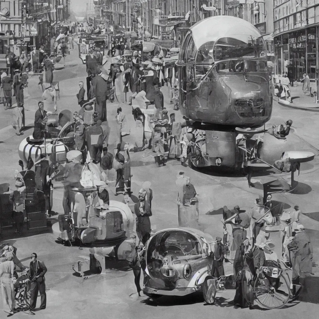 Prompt: Retrofuturistic full-color photo of 1940s man standing inside a glass tube with a dome-shaped top. At the bottom of the tube, he is standing on a wheeled metal box. This vehicle he's in is going down the main street, surrounded by other, similar vehicles, 8k, high detail, proper shading