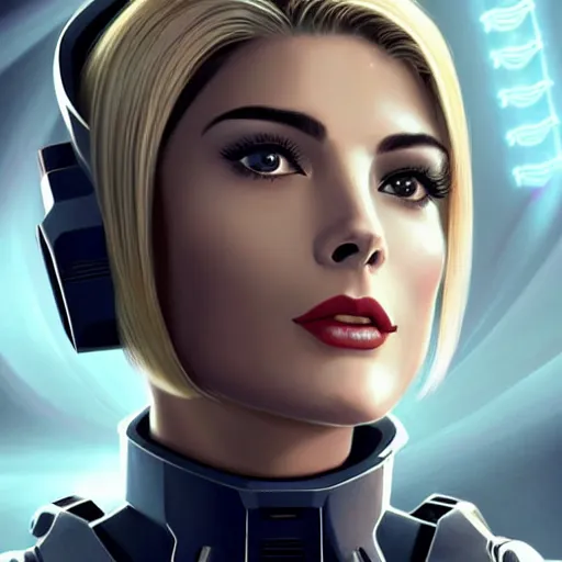 Image similar to A combination of Grace Kelly's and Ada Wong's and Ashley Greene's appearances with blonde hair wearing Forerunner armor from Halo, high tech, action shot, angular, full body portrait, futuristic, dramatic, fantasy, intricate, elegant, highly detailed, artstation, matte, sharp focus, 8K, art by Artgerm and Greg Rutkowski and Alphonse Mucha