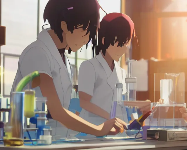 Image similar to a girl using chemistry equipment in a sunlit laboratory, scene by Makoto Shinkai