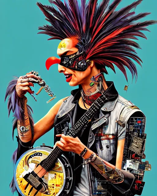 Image similar to a portrait of an anthropomorphic cyberpunk rooster shredding a banjo by sandra chevrier, by jon foster, detailed render, tape deck, epic composition, cybernetics, 4 k realistic, cryengine, realistic shaded lighting, sharp focus, masterpiece, by enki bilal