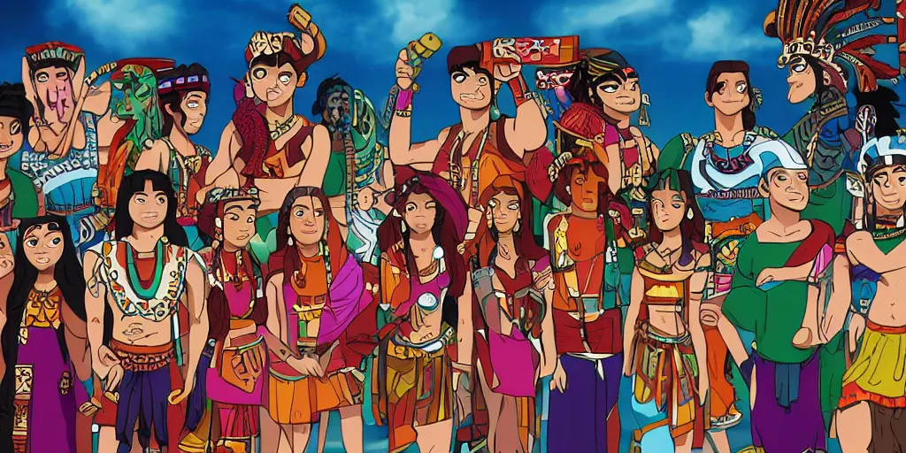 Prompt: Aztec gods as students of a Slice of Life TV show, Highly detailed, cinematic camera