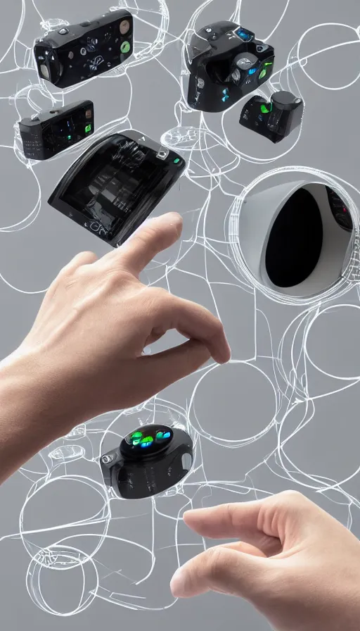 Image similar to 140mm f/2.3 photograph a pair of diverse hands with 3D floating hologram pulltabs and UI switches connecting fingers and splaying out into panels, pulling a text capsule out of your palm, multiple capsules strung together into a long paragraph