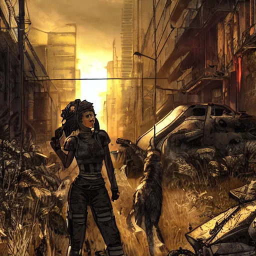 Image similar to post apocalyptic world, comic style, fallout 5 official art, 8 k, female protagonist, atmospheric lighting, gritty, sharp focus, armored feline companion, volumetric lighting, rich deep colors, painted, illustrated