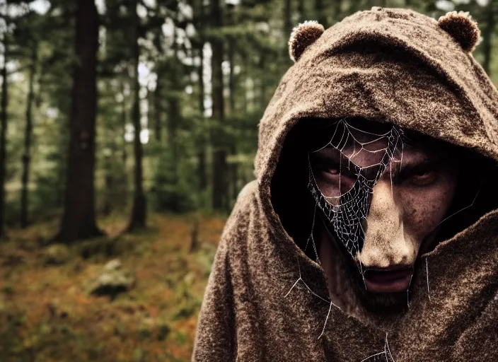 Prompt: character and environment photography, portrait shamanistic infested anthropomorphic 2 0 - year - old male druid, bear, tattered spiderweb hood and robe, reflective eyes, infested bear standing, medium shot, wide angle, 2 0 0 px, low key
