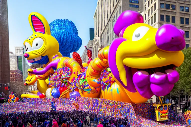 Prompt: photo of giant elaborate parade float designed by geoff darrow!!!! and ( ( ( ( ( ( lisa frank ) ) ) ) ) ), in the macys parade, detailed 4 k photo